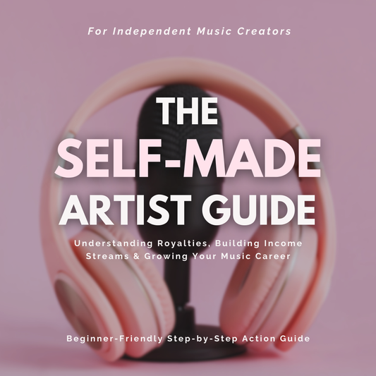 Book cover of 'The Self-Made Artist Guide' with a microphone and pink headphones on a pink background.